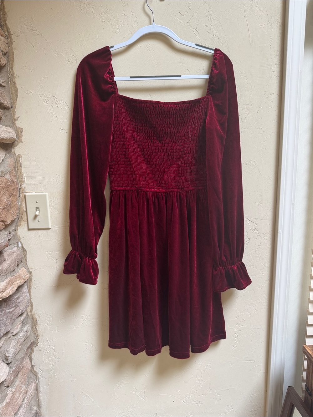Cupshe Burgundy Velvet Square-Neck Smocked Bodice Tunic Dress